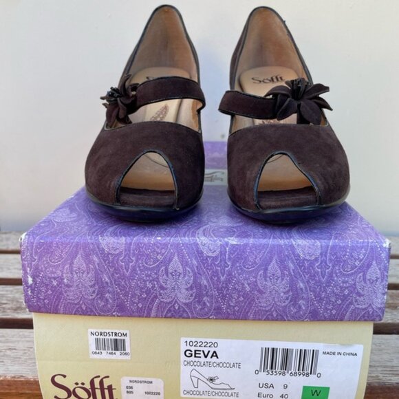 Sofft Women's Retro Geva Brown Suede Peep Toe Mary Jane Pumps Size 9W - Picture 4 of 13